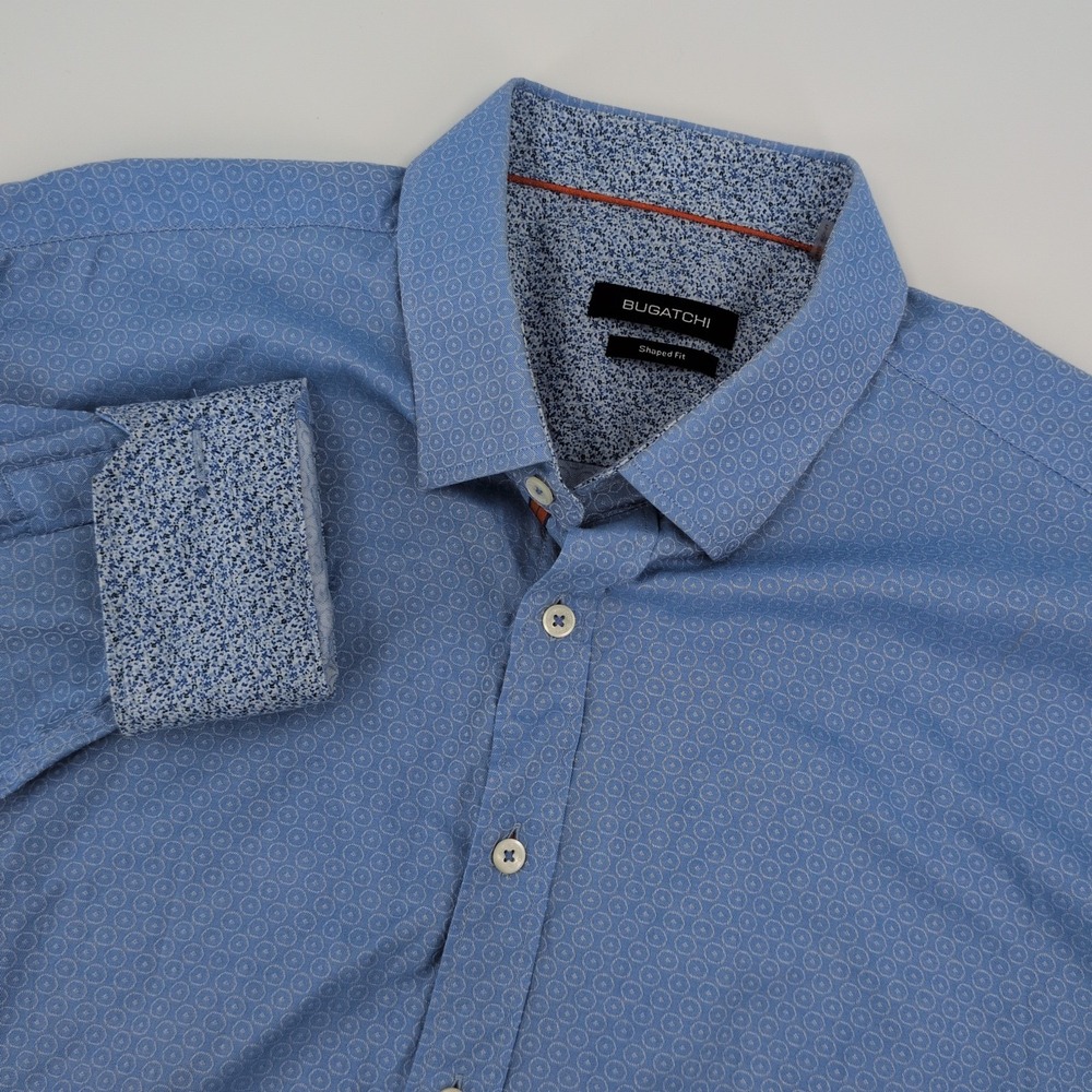 Bugatchi Mens Lg Sleeve Shirt Sz XXLarge Blue Abstract Shaped Fit Contrast Cuff